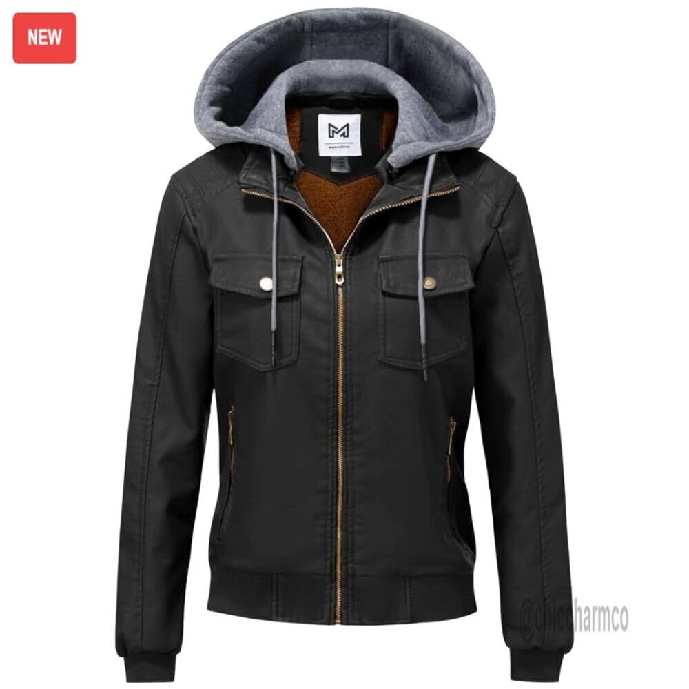 Faux Leather Motorcycle Bomber Jacket Vintage Chic Slim Fit Removable Hood